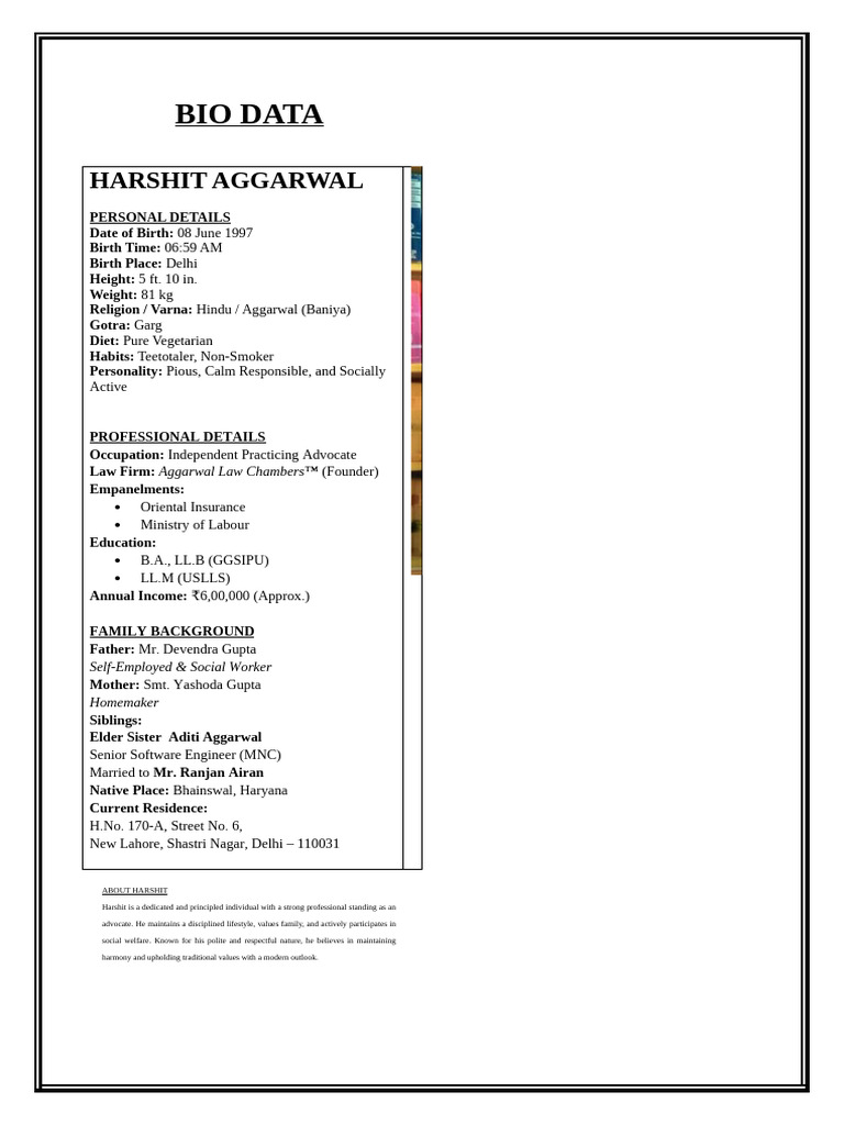 Harshit Aggarwal: Advocate Bio Data | PDF