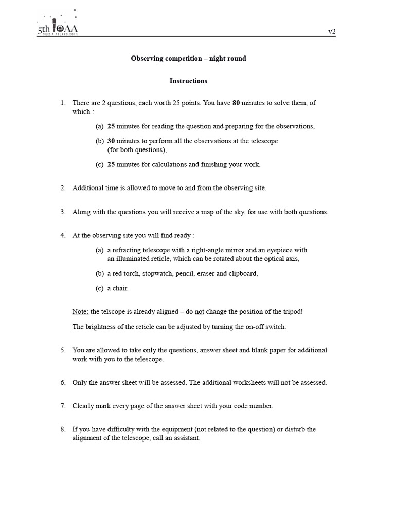 Night Observation Problems 2011 IOAA | PDF | Stars | Minute And Second ...