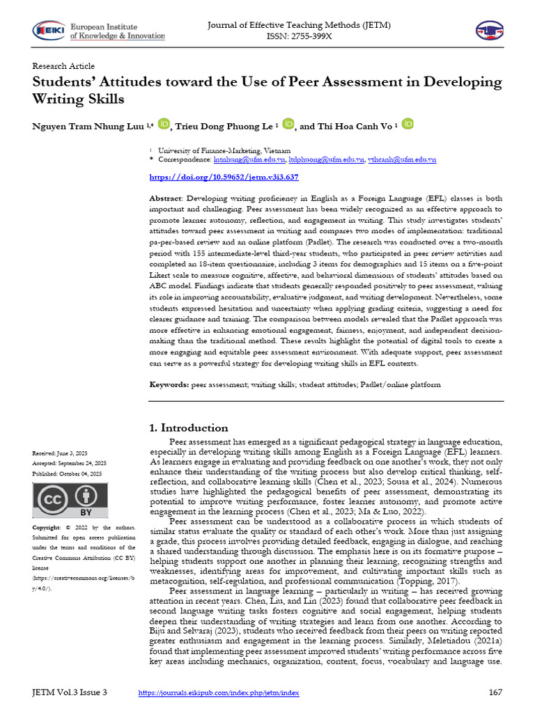 Peer Assessment in EFL Writing Skills | PDF | Educational Assessment ...