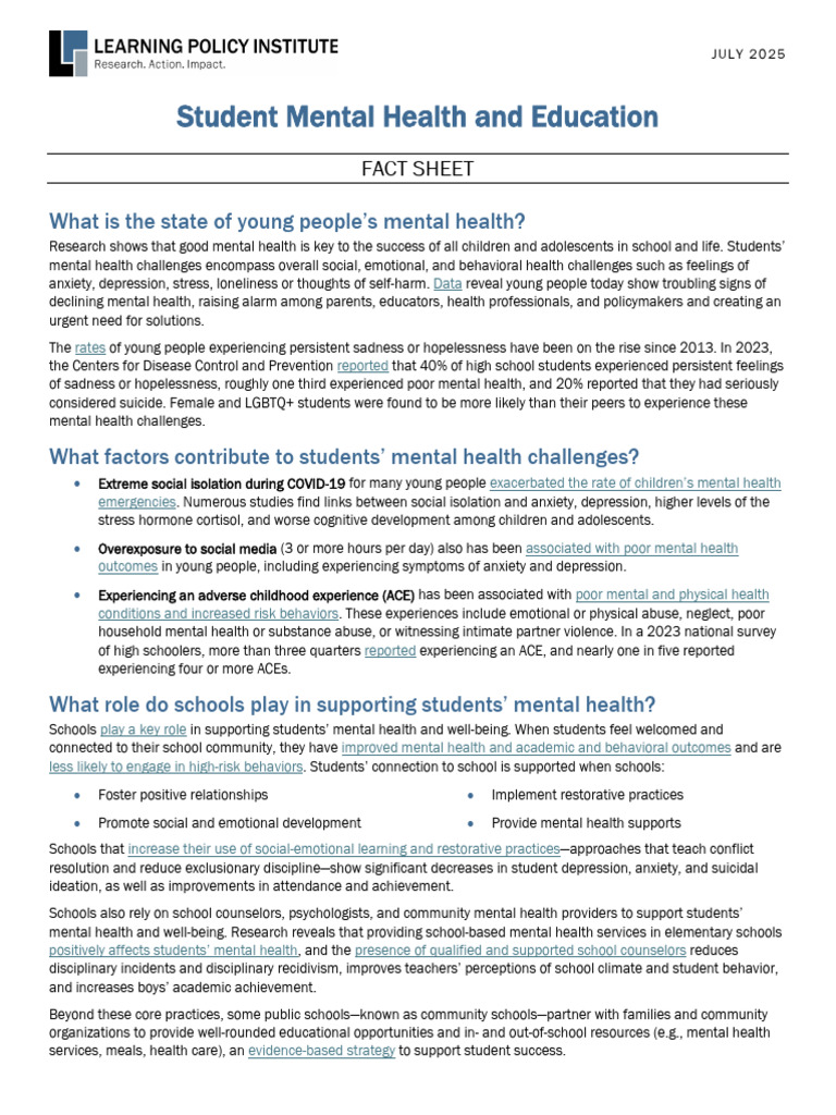 Student Mental Health in Schools 2025 | PDF | Mental Health ...