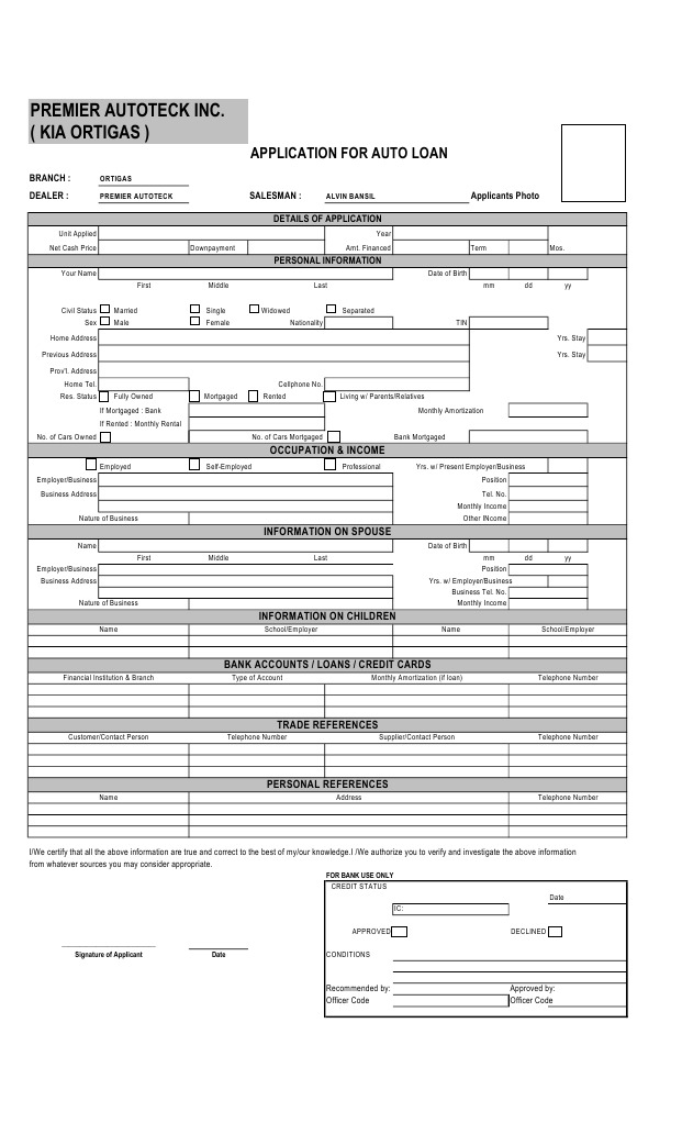 Auto Loan Application Form Template | PDF