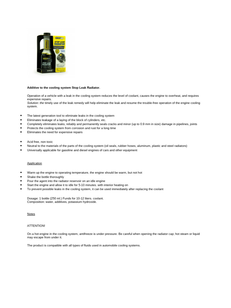 Stop Leak Radiator Additive for Cooling Systems | PDF