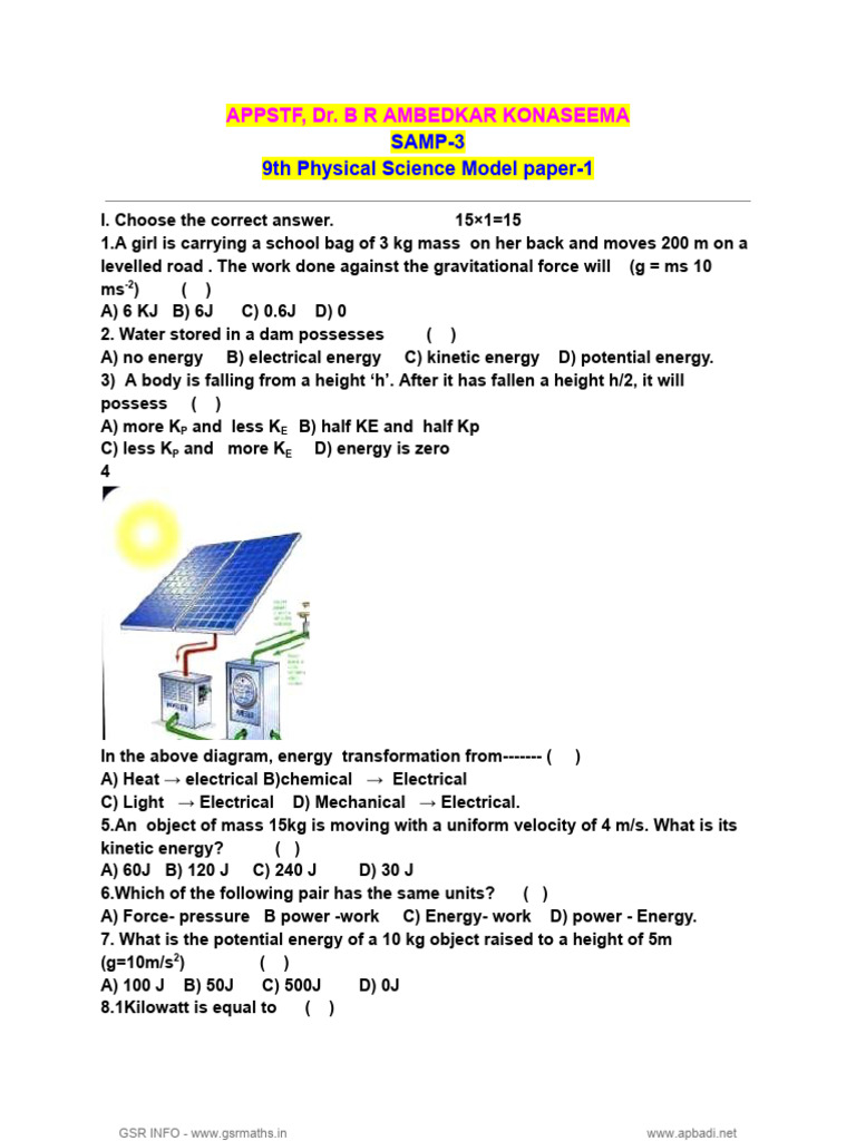 9th Grade Physical Science Model Paper | PDF | Chemistry | Molecules