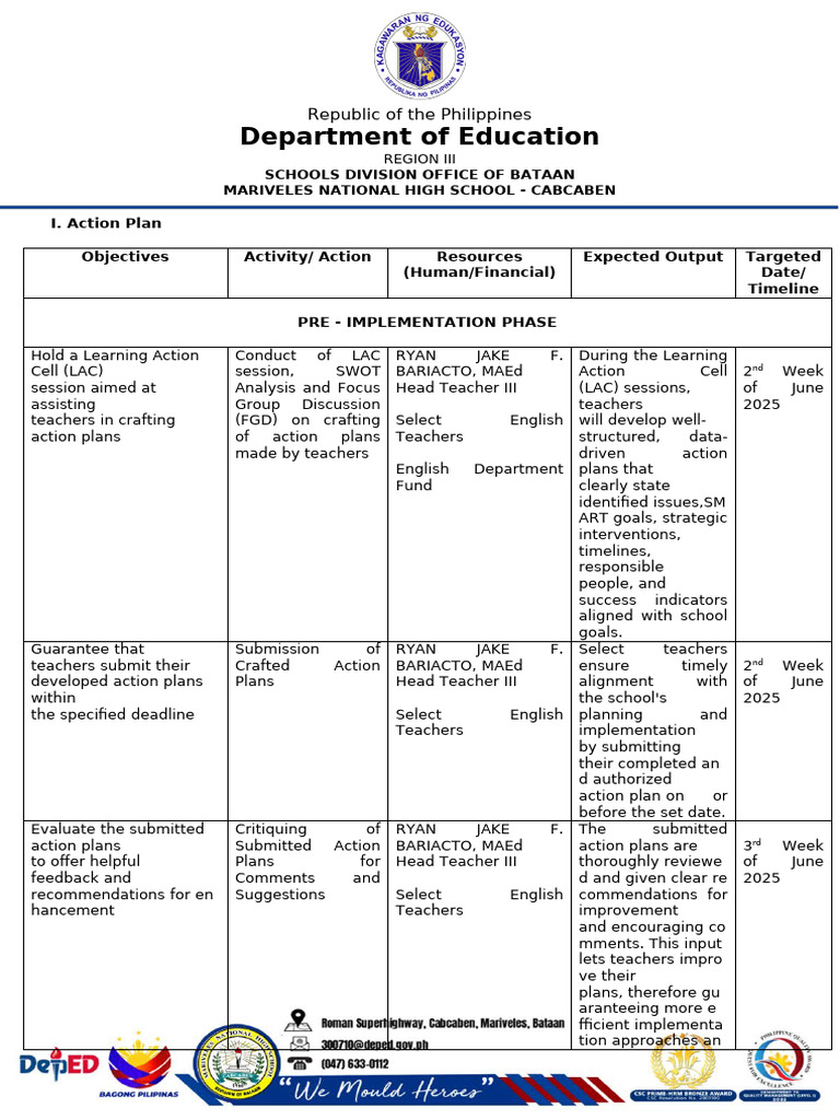 Action Plan for English Department 2025 | PDF | Teachers | Human ...