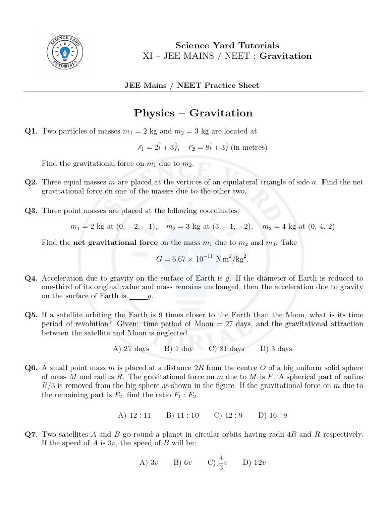 JEE NEET Gravitation Practice Questions | PDF | Gravity | Mass