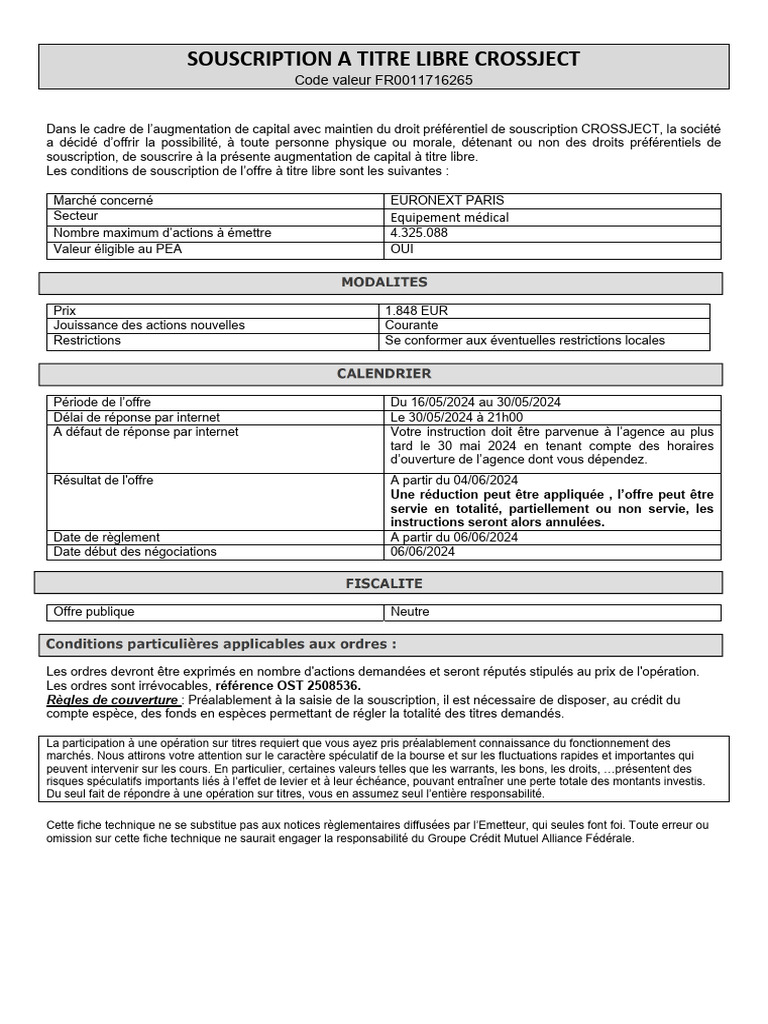 Souscription libre CROSSJECT 2024 | PDF | Action (Finance) | Économie ...