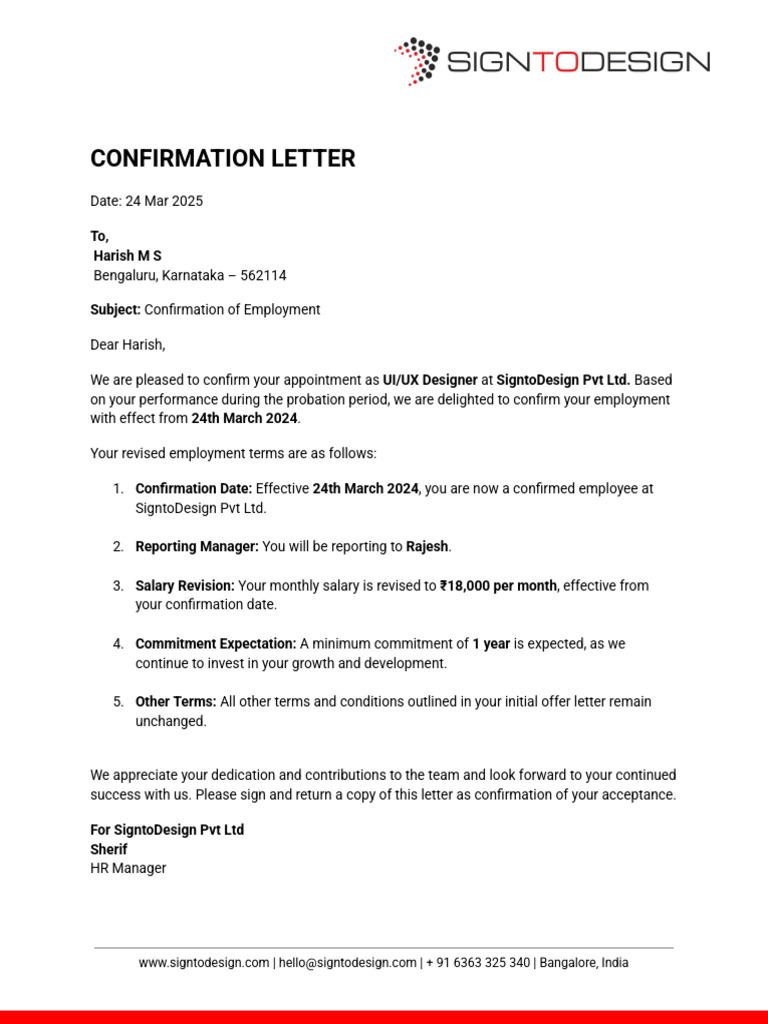 Employment Confirmation for UI/UX Designer | PDF