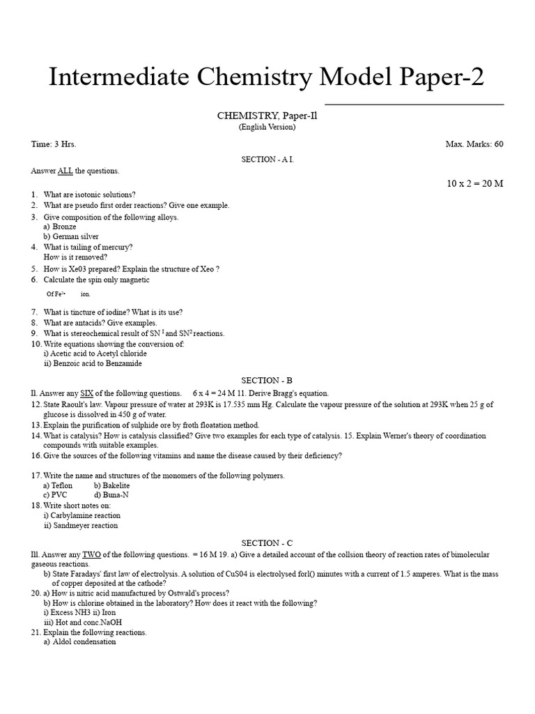 Intermediate Chemistry Model Paper 2 | PDF | Chemical Reactions | Acid