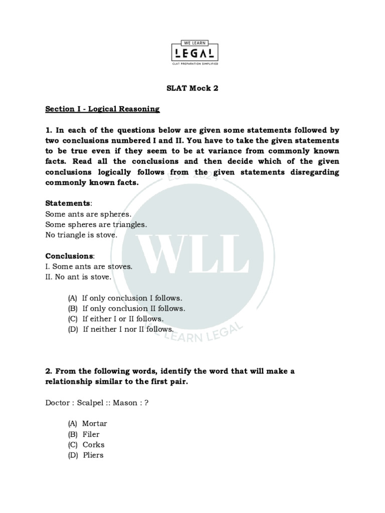 SLAT Mock Test: Logical & Legal Reasoning | PDF | Existentialism ...