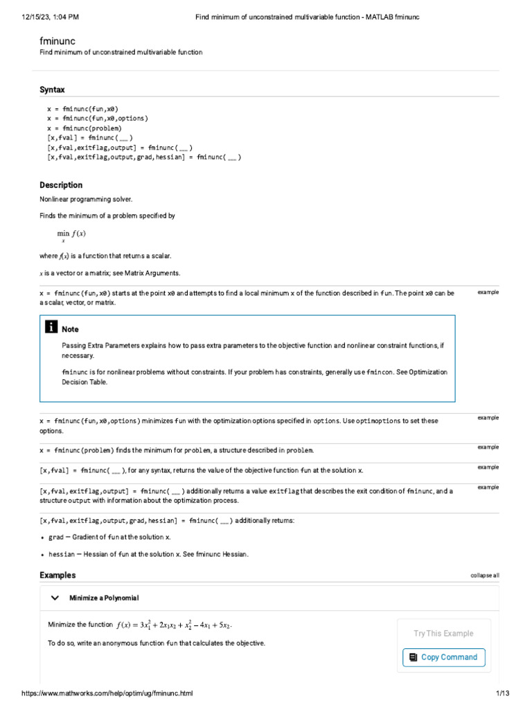 Find Minimum of Unconstrained Multivariable Function - MATLAB Fminunc | PDF