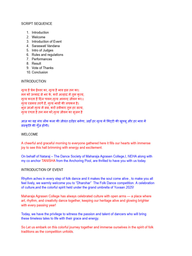 Folk Dance Competition Script: Dharohar 2025 | PDF | Dances