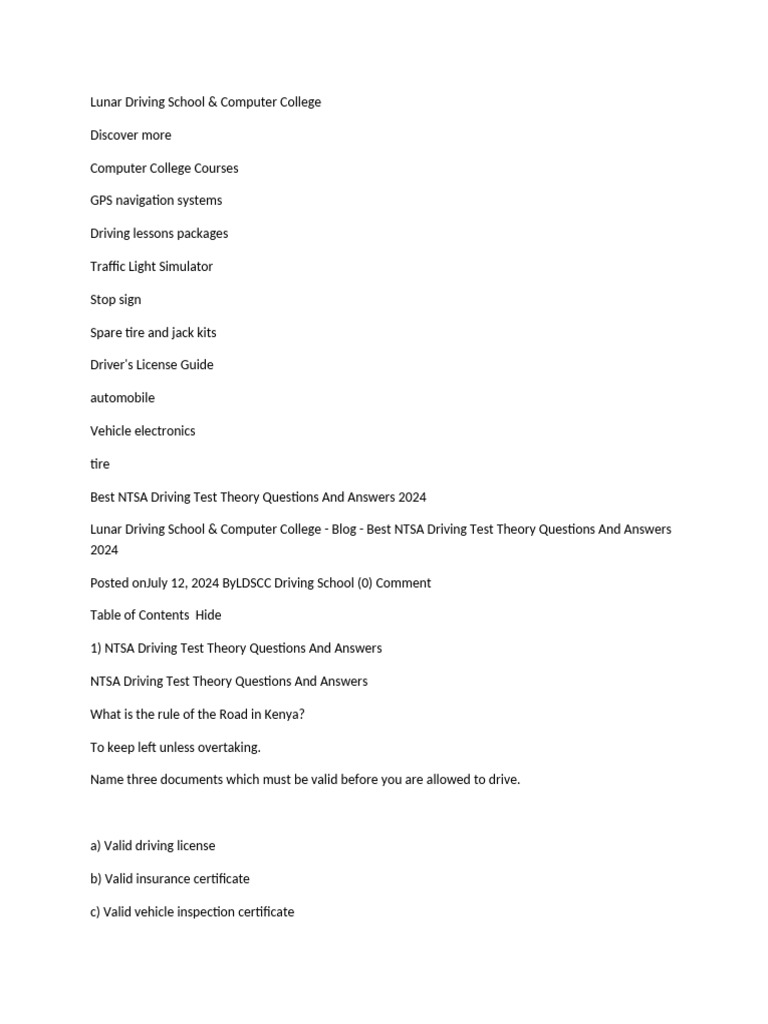 Best NTSA Driving Test Questions 2024 | PDF | Traffic | Traffic Light