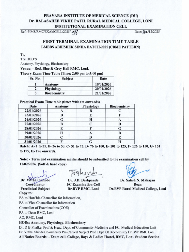 MBBS 2025 First Terminal Exam Schedule | PDF | Biology