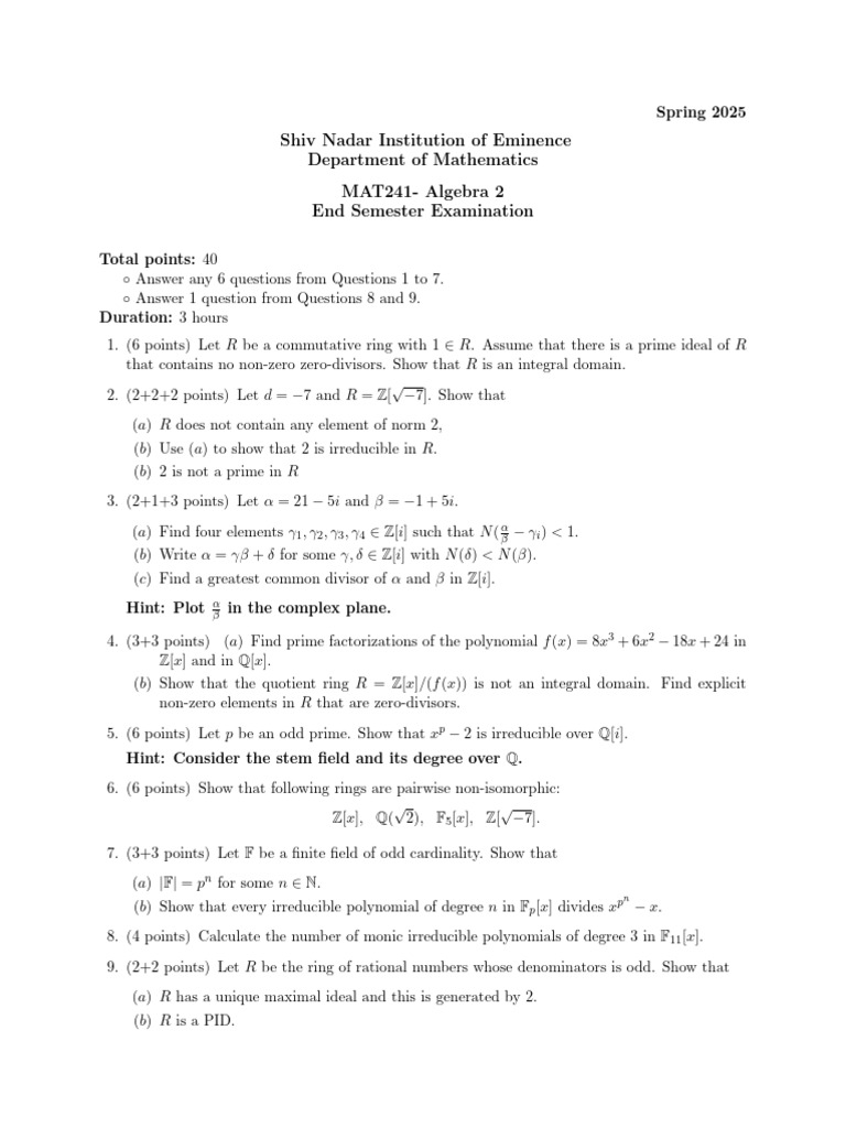 Algebra 2 End Semester Exam Spring 2025 | PDF | Group Theory ...