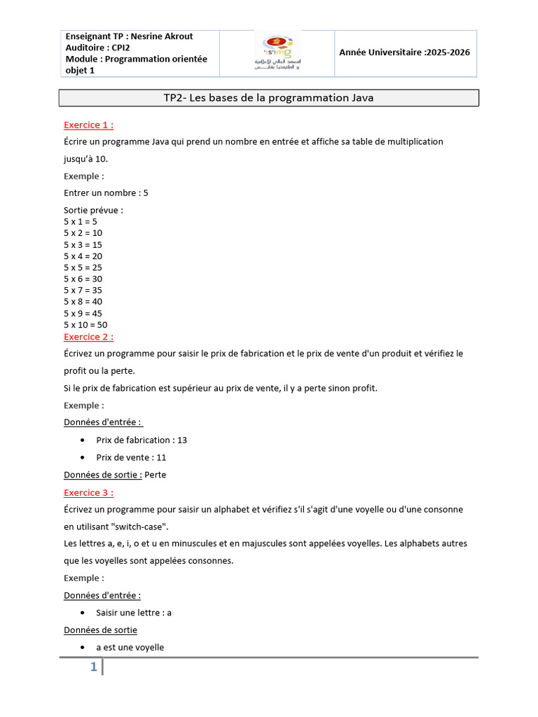 TP Java : Exercices de Programmation | PDF | Écriture | Linguistique