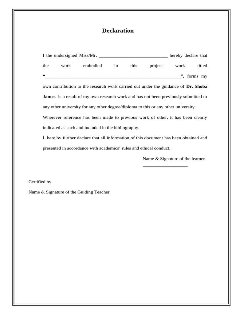Project Work Declaration Template | PDF