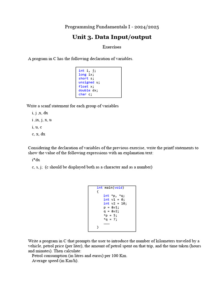 C Programming I: Data I/O Exercises | PDF | Computer Programming ...