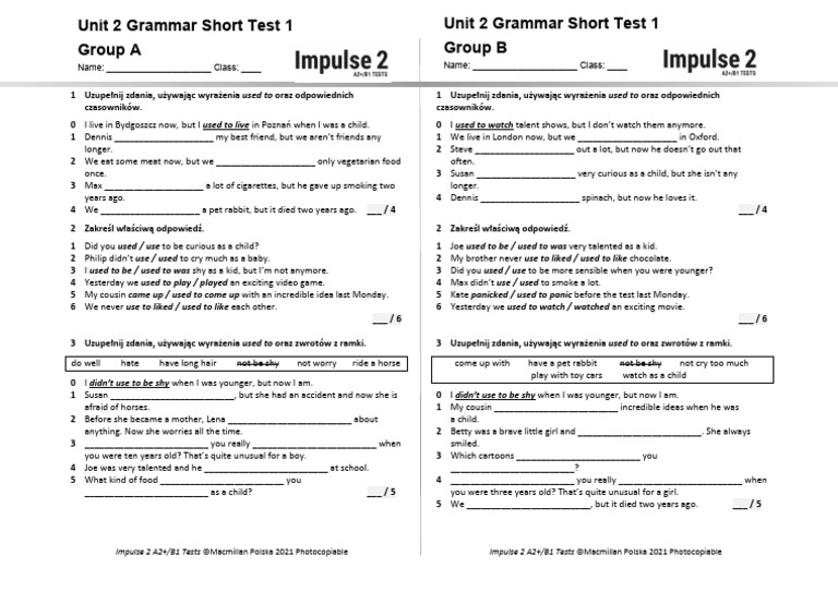 Unit 2 Grammar Short Test 1 a+B | PDF