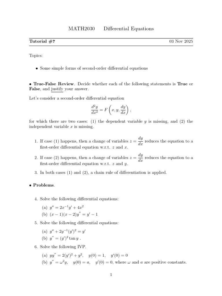 AY2025-26 - MATH2030 - Tutorial #7 | PDF | Differential Equations ...