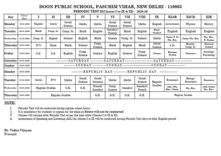 Pt2 2025-26 Date Sheet for Class i to Ix & Xi 12-12-25 | PDF