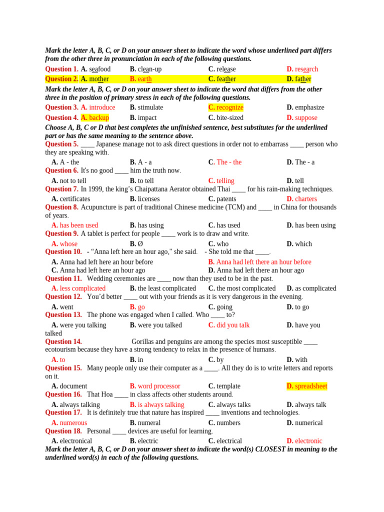 Pronunciation and Stress Practice Questions | PDF