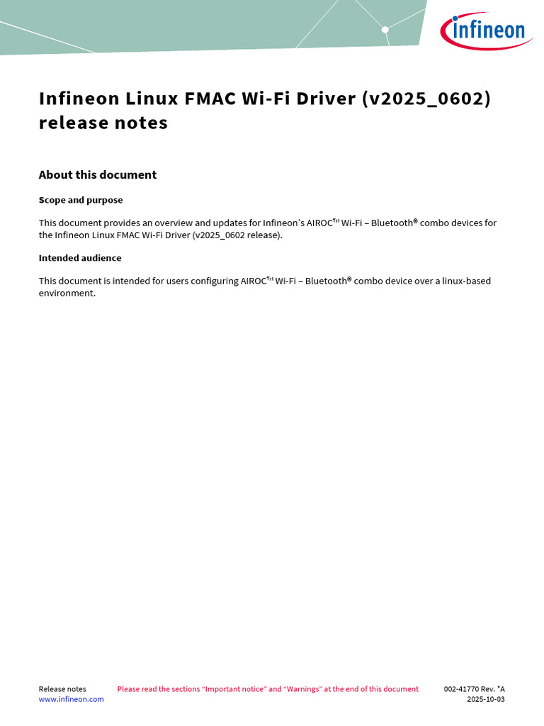 Infineon Linux FMAC Wi-Fi Driver Release Notes | PDF | Wi Fi | Bluetooth