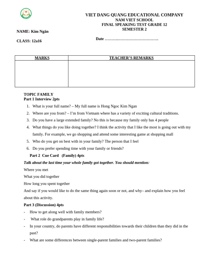 Family Speaking Test Guide for Grade 12 | PDF
