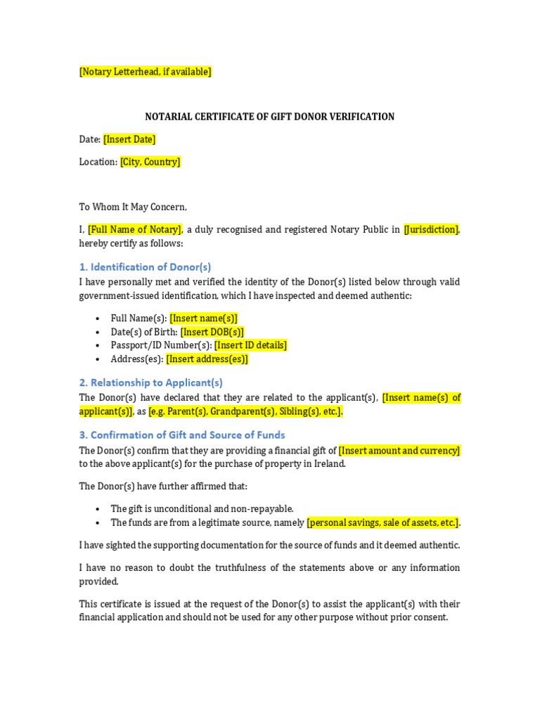 Notarial Certificate of Gift Verification | PDF