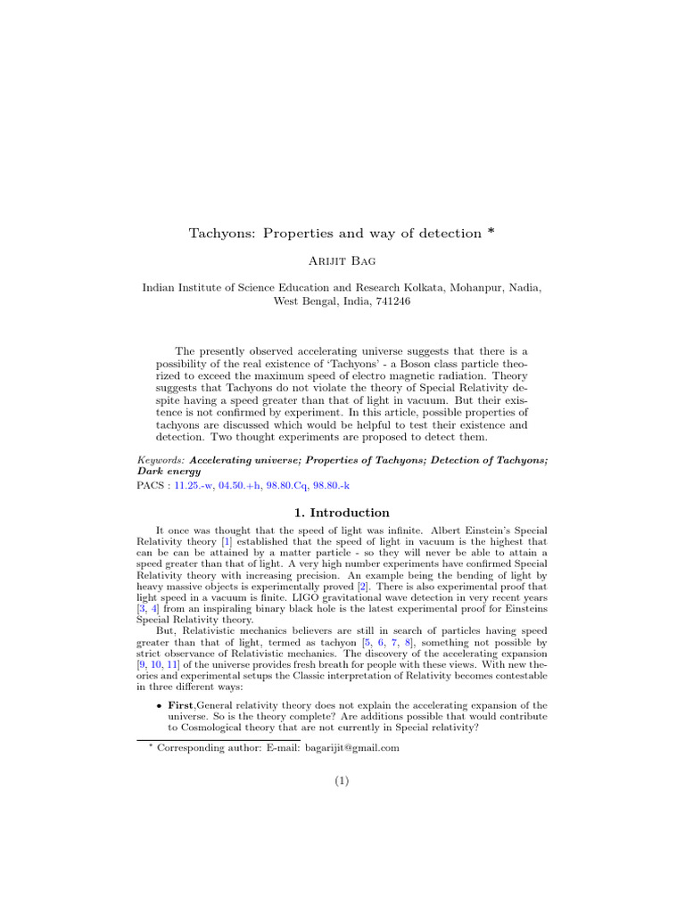 Tachyons: Properties and Detection Methods | PDF | General Relativity ...