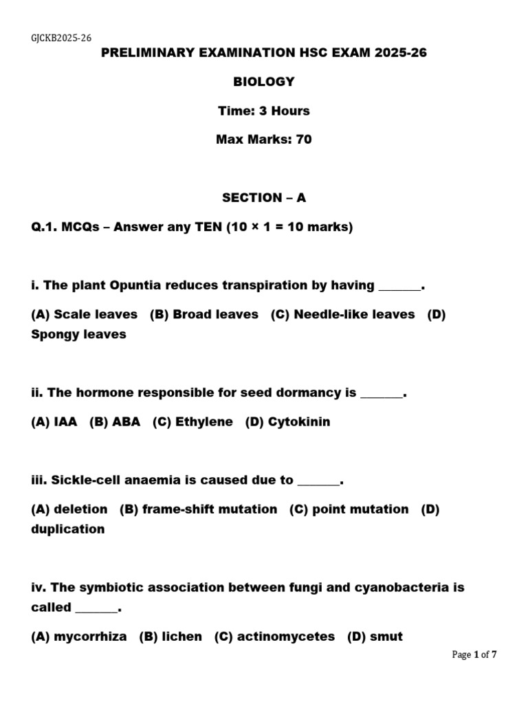 HSC Biology Preliminary Exam 2025-26 | PDF | Biology