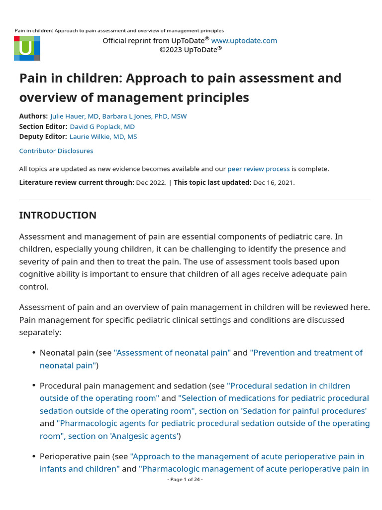 Pain in Children Approach to Pain Assessment and Overview of Management ...