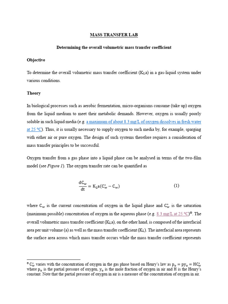 Mass Transfer Coefficient Determination | PDF | Oxygen | Solubility