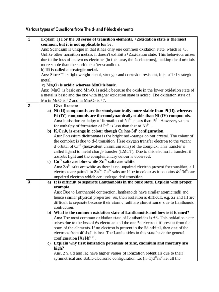 Various Types of Questions From the d | PDF | Lanthanide | Transition ...