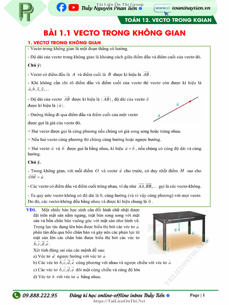 Bài 1.1 Vecto Trong Không Gian (1) | PDF