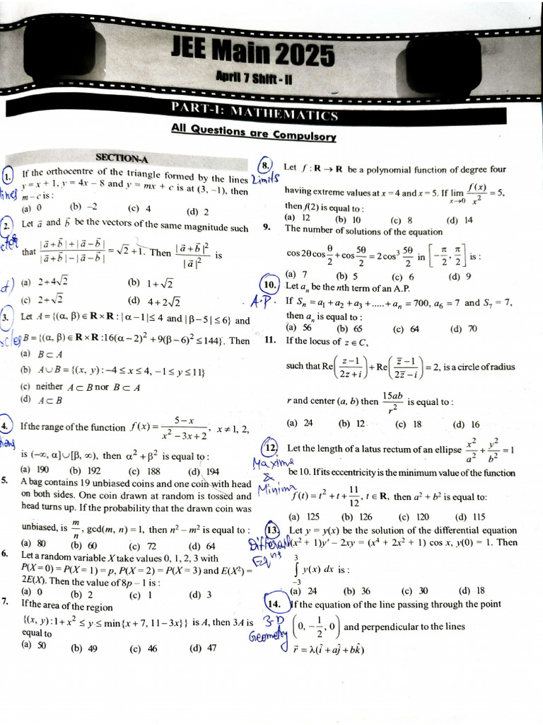 JEE Mains 2025 April 7, Shift 2 Question Paper | PDF