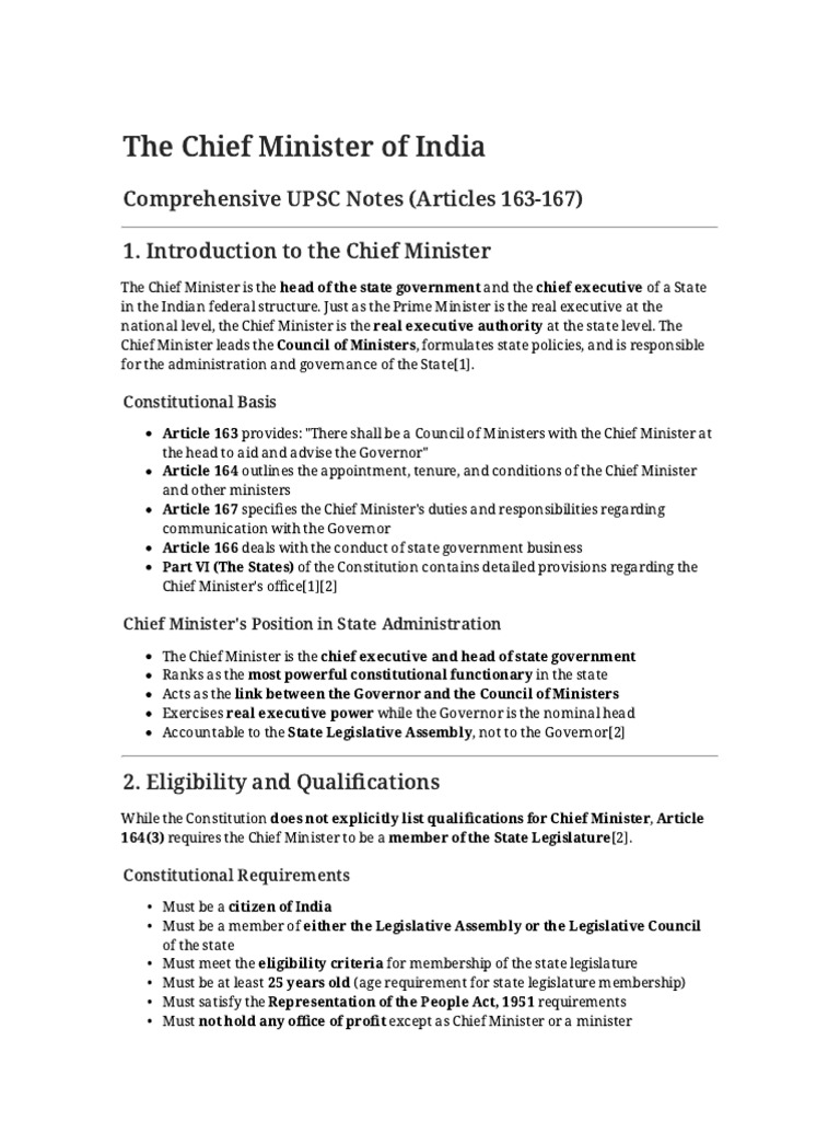 Chief Minister Notes | PDF | Oath Of Office | Cabinet (Government)