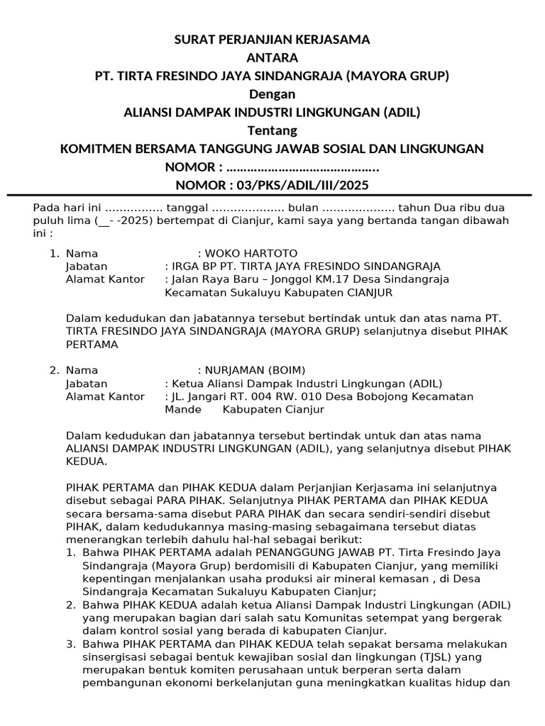 Kerjasama CSR PT Tirta Fresindo dan ADIL | PDF