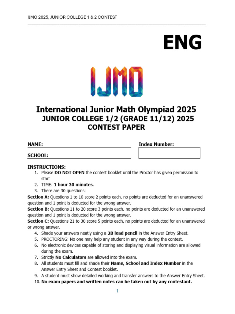 IJMO 2025 Junior College Contest Paper | PDF | Mathematical Objects ...