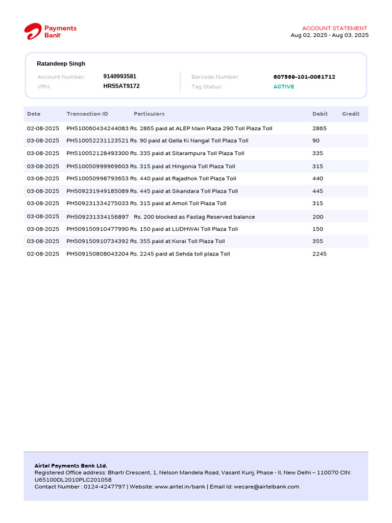 Fastag Account Statement Summary | PDF