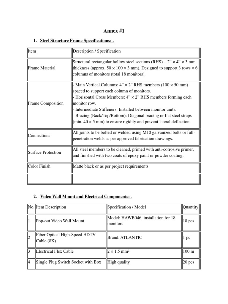 Steel Frame and Video Wall Specs | PDF | Electrical Connector ...