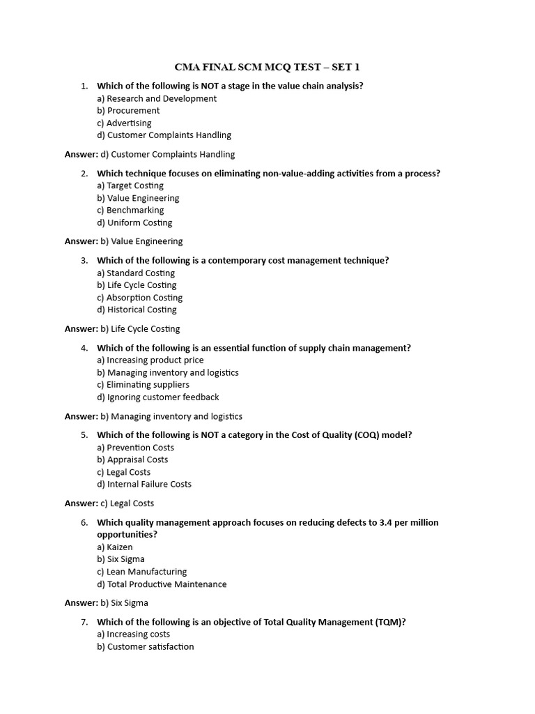 Cma Final SCM MCQ Test Set 1 Suggested | PDF | Analytics | Linear ...