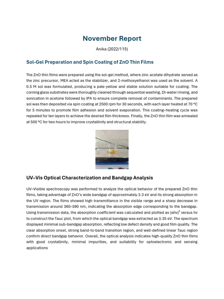 Sol-Gel Preparation and Spin Coating of ZnO Thin Films | PDF