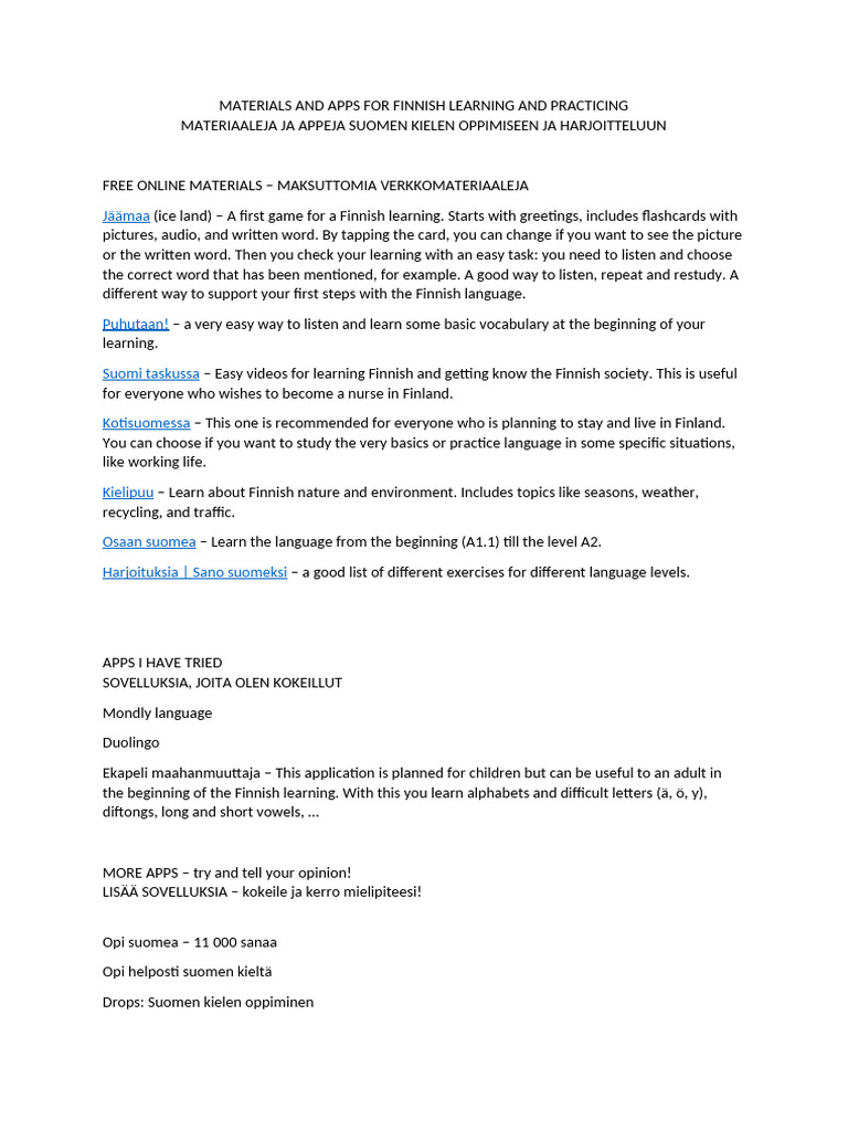 Finnish Language Learning Resources | PDF