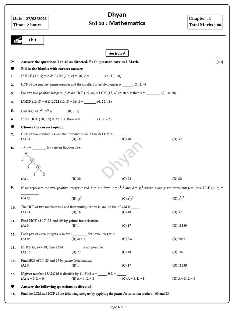 Std 10 Mathematics HCF and LCM Practice | PDF | Factorization | Numbers