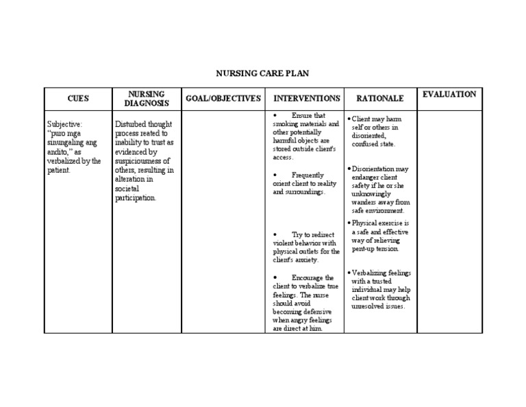 Nursing Care Plan Cues Nursing Diagnosis Goal/Objectives Interventions