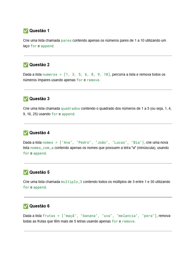 Listas em Python: Exercícios Práticos | PDF
