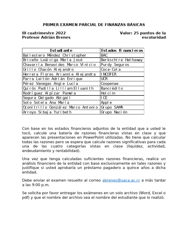 Primer Examen Parcial de Finanzas Básicas | PDF