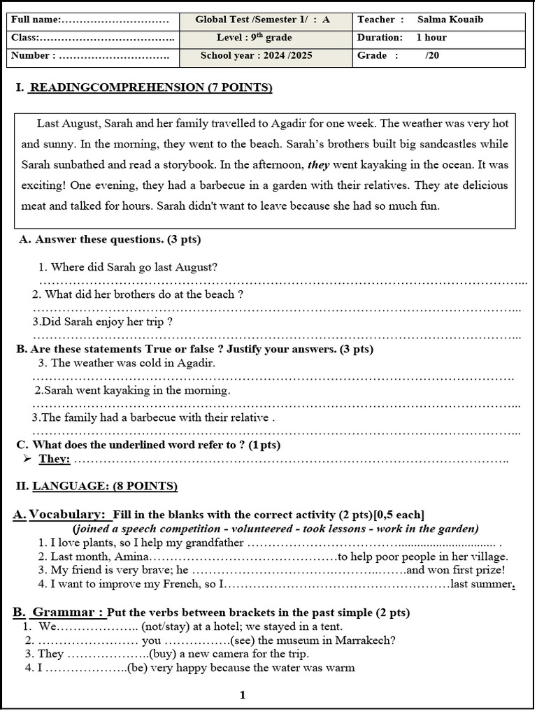 9th Grade English Test: Reading & Writing | PDF | Language Mechanics ...