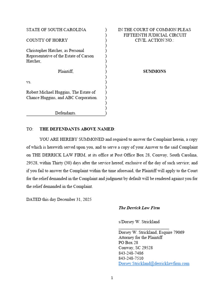 South Carolina Civil Action Summons | PDF | Negligence | Damages
