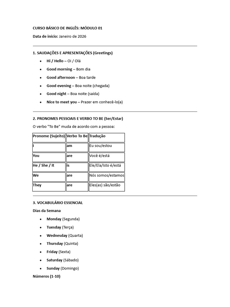Curso Básico de Inglês: Módulo 01 | PDF